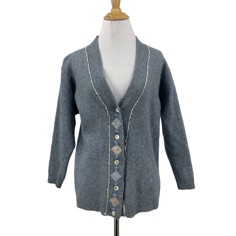 Amore Cardigan Sweater Womens Medium Cloudy Blue Virgin Wool V Neck Shell Button